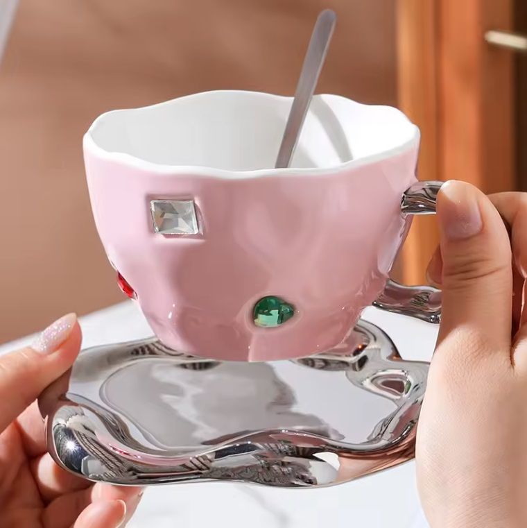 Φλιτζάνι Morello - Pebble, με πιατάκι και κουτάλι, 220 ml, Pink