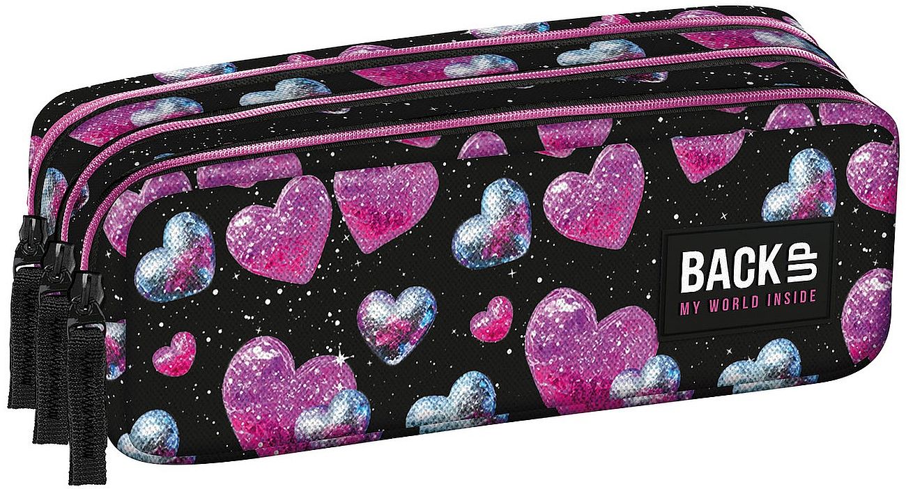 Σχολική κασετίνα BackUp 8 G - Glitter Hearts, 3 φερμουάρ